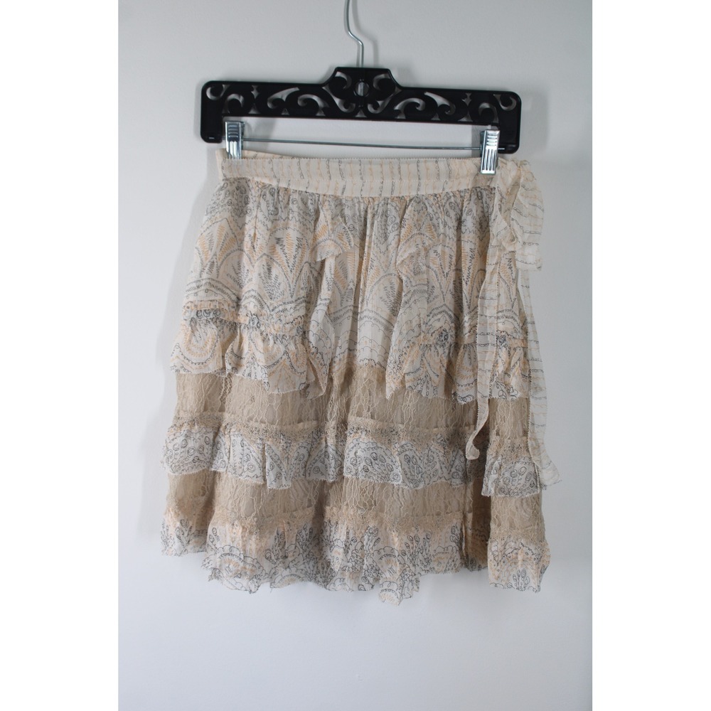DVF Diane von Furstenberg 4 Beige Silk Tiered Mini Skirt Lace Ruffle Paisley